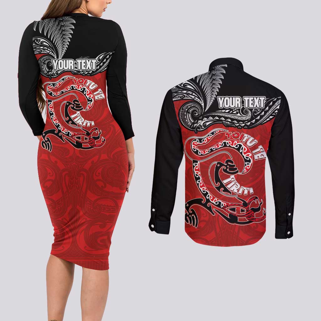 Personalised Aotearoa Toitu Te Tiriti Couples Matching Long Sleeve Bodycon Dress and Long Sleeve Button Shirt Taniwha Tribal Motifs LT03 - Polynesian Pride