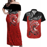 Personalised Aotearoa Toitu Te Tiriti Couples Matching Off Shoulder Maxi Dress and Hawaiian Shirt Taniwha Tribal Motifs LT03 Multicolor - Polynesian Pride