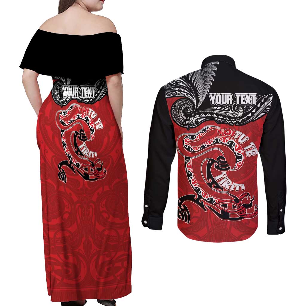Personalised Aotearoa Toitu Te Tiriti Couples Matching Off Shoulder Maxi Dress and Long Sleeve Button Shirt Taniwha Tribal Motifs LT03 - Polynesian Pride