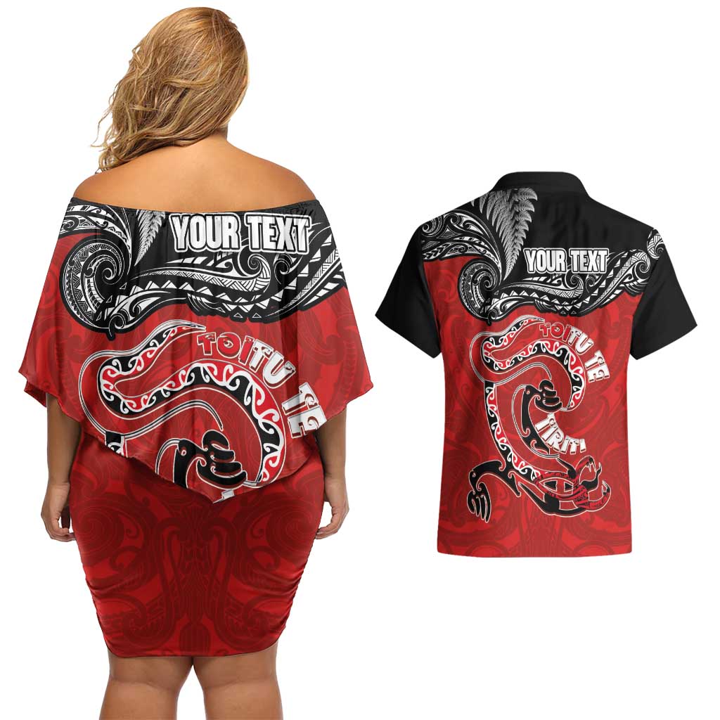 Personalised Aotearoa Toitu Te Tiriti Couples Matching Off Shoulder Short Dress and Hawaiian Shirt Taniwha Tribal Motifs LT03 - Polynesian Pride