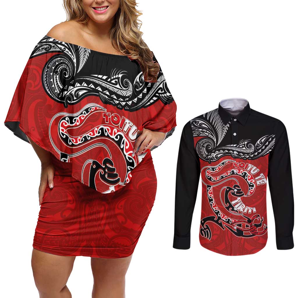 Personalised Aotearoa Toitu Te Tiriti Couples Matching Off Shoulder Short Dress and Long Sleeve Button Shirt Taniwha Tribal Motifs LT03 Multicolor - Polynesian Pride