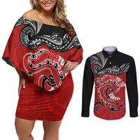 Personalised Aotearoa Toitu Te Tiriti Couples Matching Off Shoulder Short Dress and Long Sleeve Button Shirt Taniwha Tribal Motifs LT03 Multicolor - Polynesian Pride