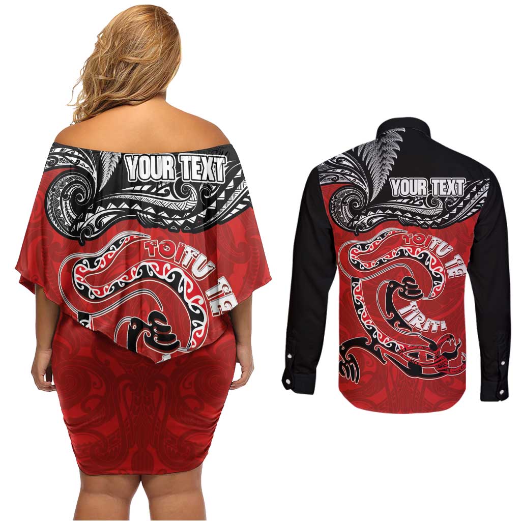 Personalised Aotearoa Toitu Te Tiriti Couples Matching Off Shoulder Short Dress and Long Sleeve Button Shirt Taniwha Tribal Motifs LT03 - Polynesian Pride
