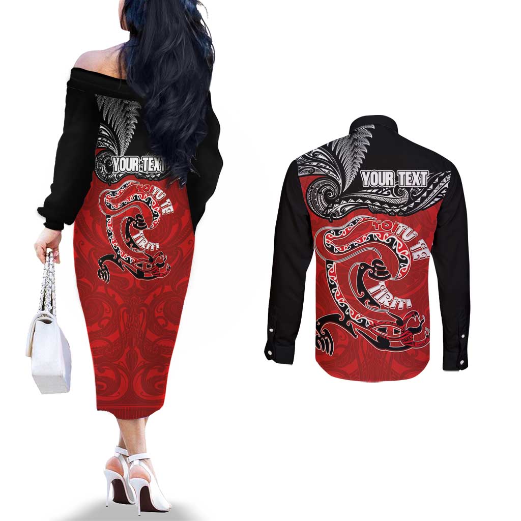 Personalised Aotearoa Toitu Te Tiriti Couples Matching Off The Shoulder Long Sleeve Dress and Long Sleeve Button Shirt Taniwha Tribal Motifs LT03 - Polynesian Pride