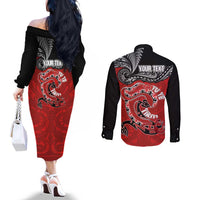 Personalised Aotearoa Toitu Te Tiriti Couples Matching Off The Shoulder Long Sleeve Dress and Long Sleeve Button Shirt Taniwha Tribal Motifs LT03 - Polynesian Pride