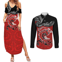 Personalised Aotearoa Toitu Te Tiriti Couples Matching Summer Maxi Dress and Long Sleeve Button Shirt Taniwha Tribal Motifs LT03 Multicolor - Polynesian Pride