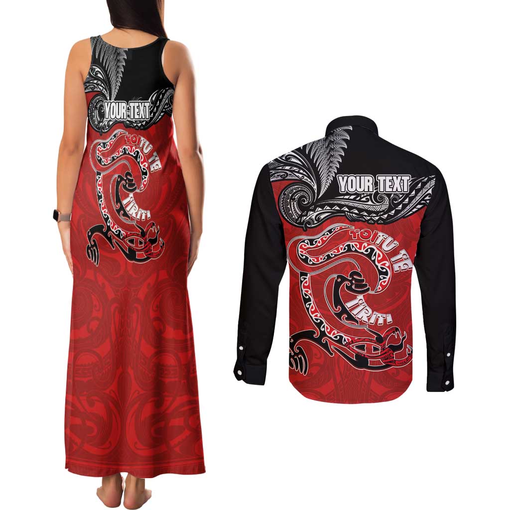 Personalised Aotearoa Toitu Te Tiriti Couples Matching Tank Maxi Dress and Long Sleeve Button Shirt Taniwha Tribal Motifs LT03 - Polynesian Pride