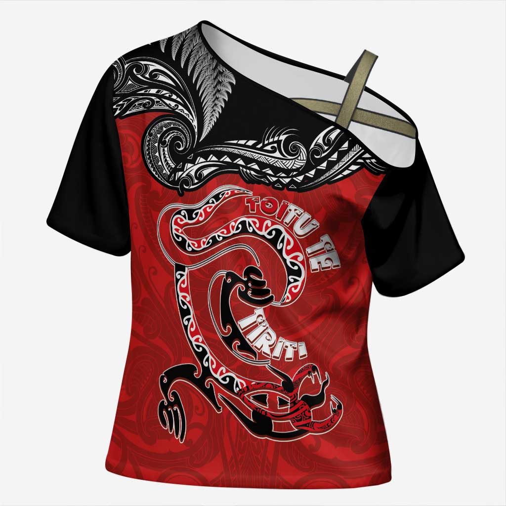 Personalised Aotearoa Toitu Te Tiriti Cross Shoulder Shirt Taniwha Tribal Motifs