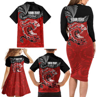 Personalised Aotearoa Toitu Te Tiriti Family Matching Long Sleeve Bodycon Dress and Hawaiian Shirt Taniwha Tribal Motifs LT03 - Polynesian Pride