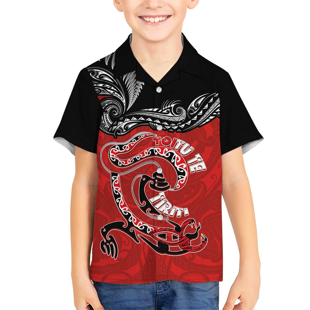 Personalised Aotearoa Toitu Te Tiriti Family Matching Off Shoulder Maxi Dress and Hawaiian Shirt Taniwha Tribal Motifs LT03 Son's Shirt Multicolor - Polynesian Pride
