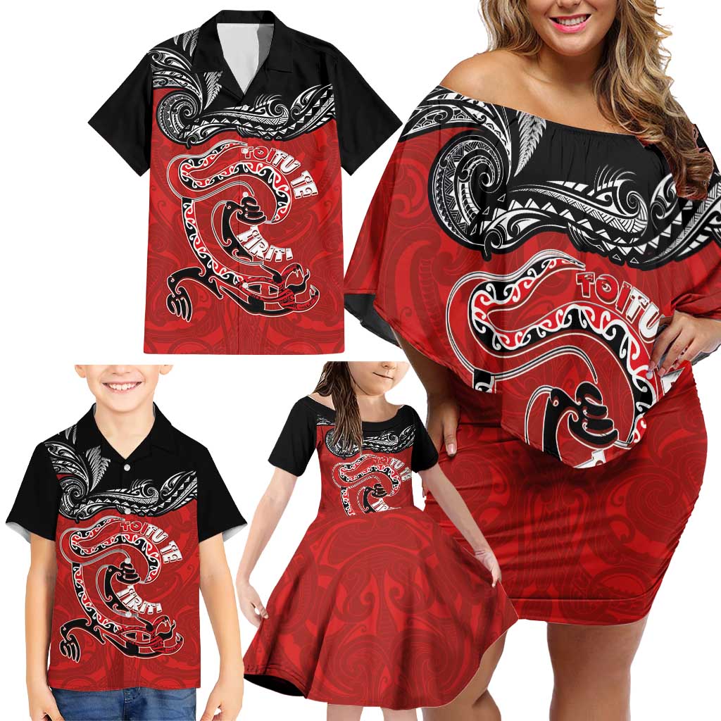 Personalised Aotearoa Toitu Te Tiriti Family Matching Off Shoulder Short Dress and Hawaiian Shirt Taniwha Tribal Motifs LT03 - Polynesian Pride