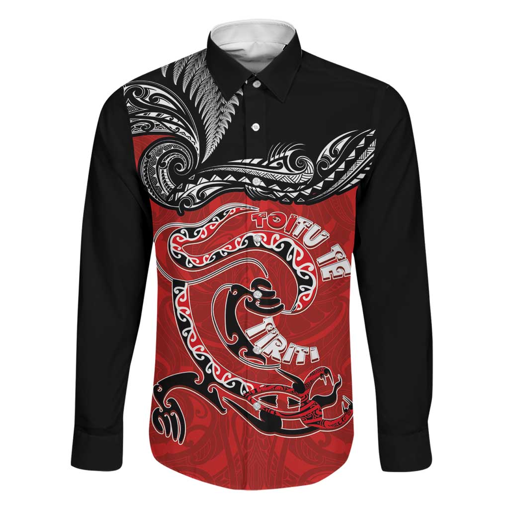 Personalised Aotearoa Toitu Te Tiriti Family Matching Off Shoulder Short Dress and Hawaiian Shirt Taniwha Tribal Motifs LT03 Dad's Shirt - Long Sleeve Multicolor - Polynesian Pride