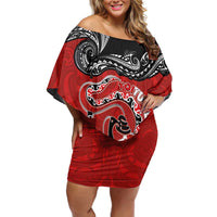 Personalised Aotearoa Toitu Te Tiriti Family Matching Off Shoulder Short Dress and Hawaiian Shirt Taniwha Tribal Motifs LT03 Mom's Dress Multicolor - Polynesian Pride