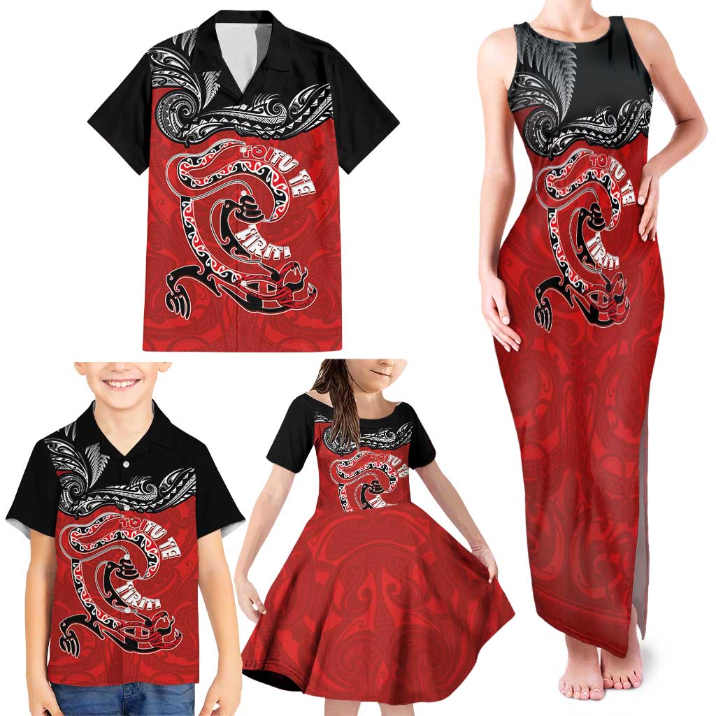 Personalised Aotearoa Toitu Te Tiriti Family Matching Tank Maxi Dress and Hawaiian Shirt Taniwha Tribal Motifs LT03 - Polynesian Pride