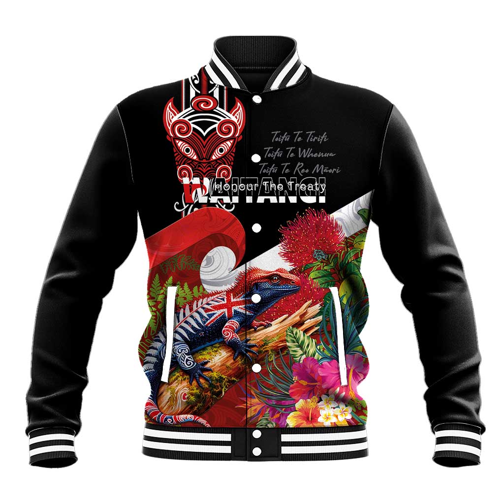 Aotearoa Toitu Te Tiriti Baseball Jacket Waitangi-Honour The Treaty NZ Tuatara and Plants