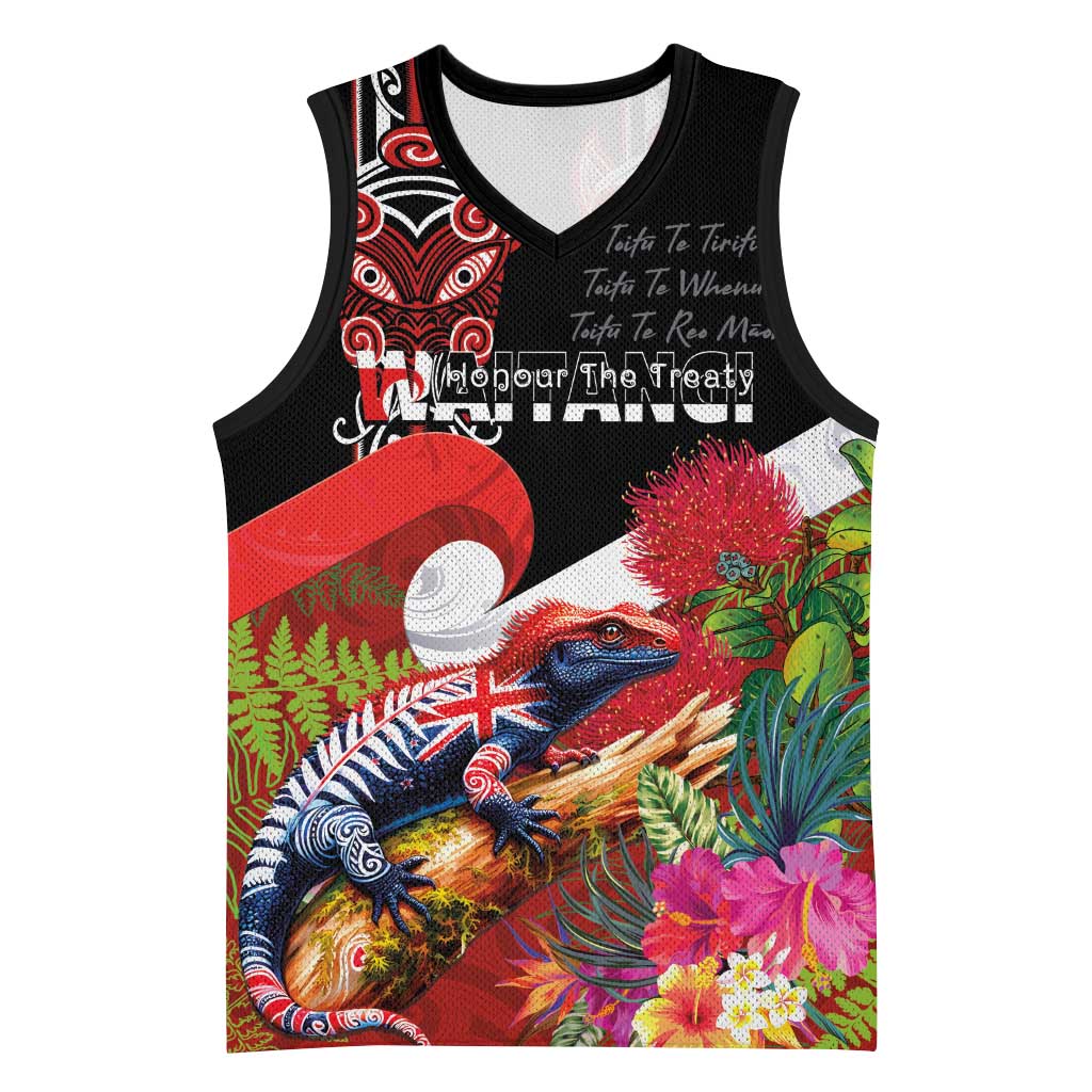 Aotearoa Toitu Te Tiriti Basketball Jersey Waitangi-Honour The Treaty NZ Tuatara and Plants