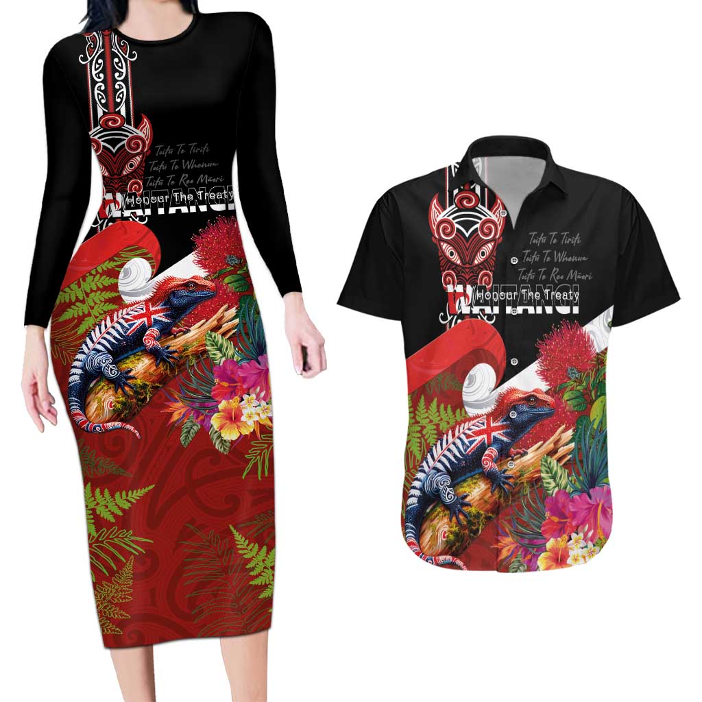 Aotearoa Toitu Te Tiriti Couples Matching Long Sleeve Bodycon Dress and Hawaiian Shirt Waitangi-Honour The Treaty NZ Tuatara and Plants LT03 Multicolor - Polynesian Pride