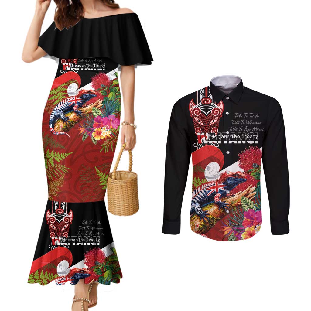 Aotearoa Toitu Te Tiriti Couples Matching Mermaid Dress and Long Sleeve Button Shirt Waitangi-Honour The Treaty NZ Tuatara and Plants