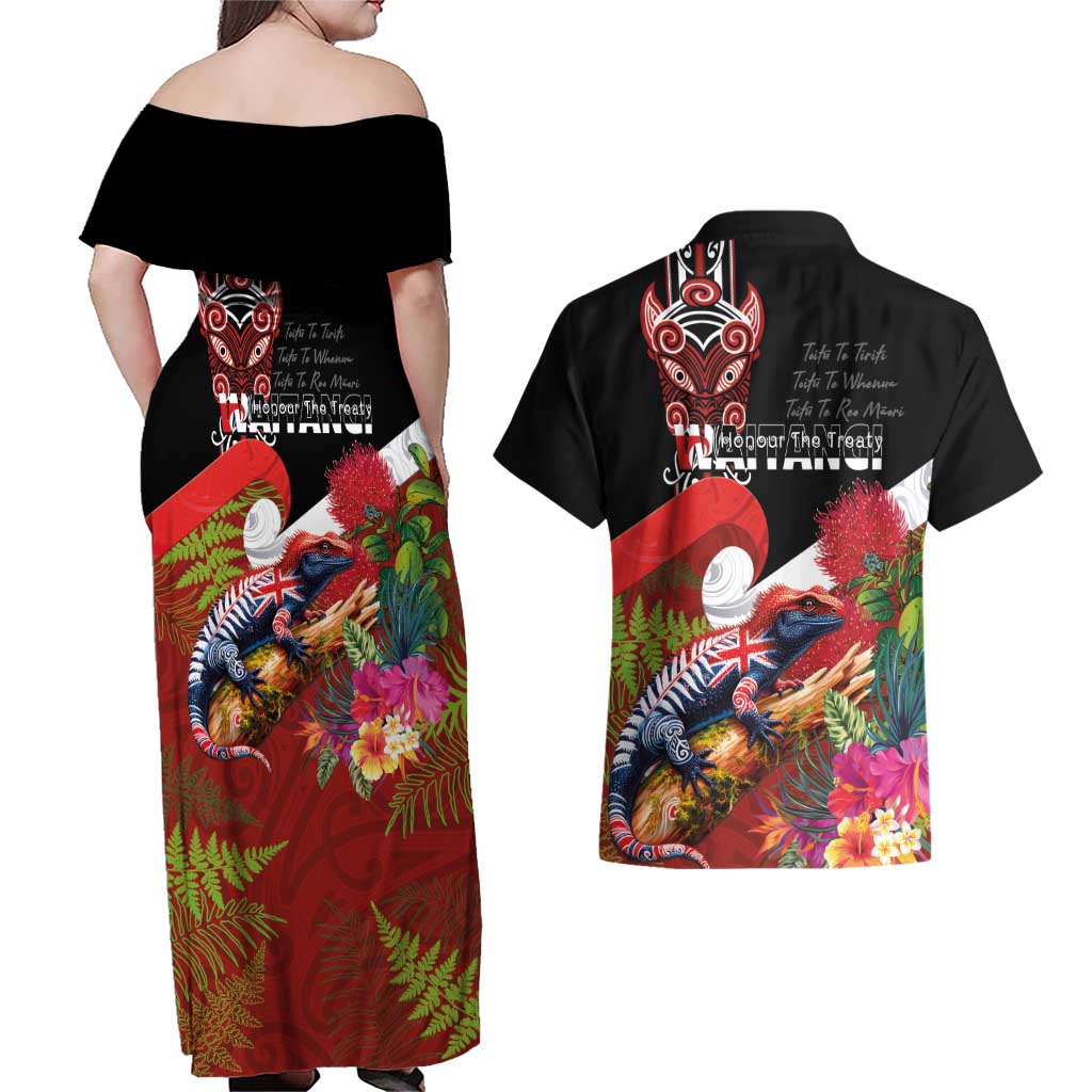 Aotearoa Toitu Te Tiriti Couples Matching Off Shoulder Maxi Dress and Hawaiian Shirt Waitangi-Honour The Treaty NZ Tuatara and Plants LT03 - Polynesian Pride