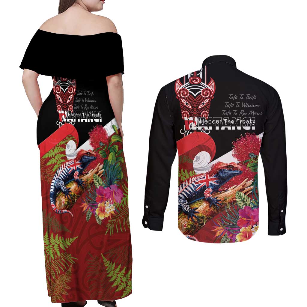 Aotearoa Toitu Te Tiriti Couples Matching Off Shoulder Maxi Dress and Long Sleeve Button Shirt Waitangi-Honour The Treaty NZ Tuatara and Plants LT03 - Polynesian Pride