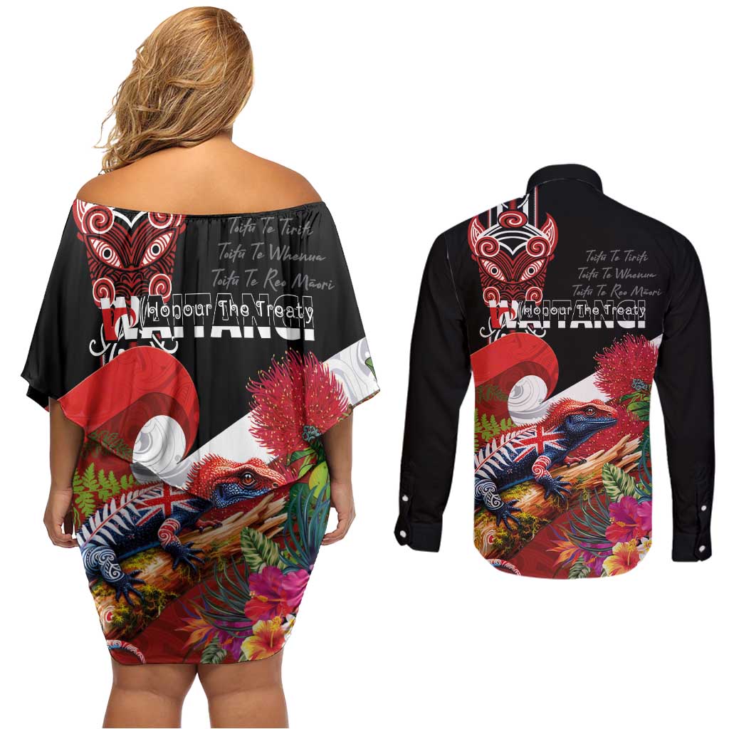 Aotearoa Toitu Te Tiriti Couples Matching Off Shoulder Short Dress and Long Sleeve Button Shirt Waitangi-Honour The Treaty NZ Tuatara and Plants LT03 - Polynesian Pride