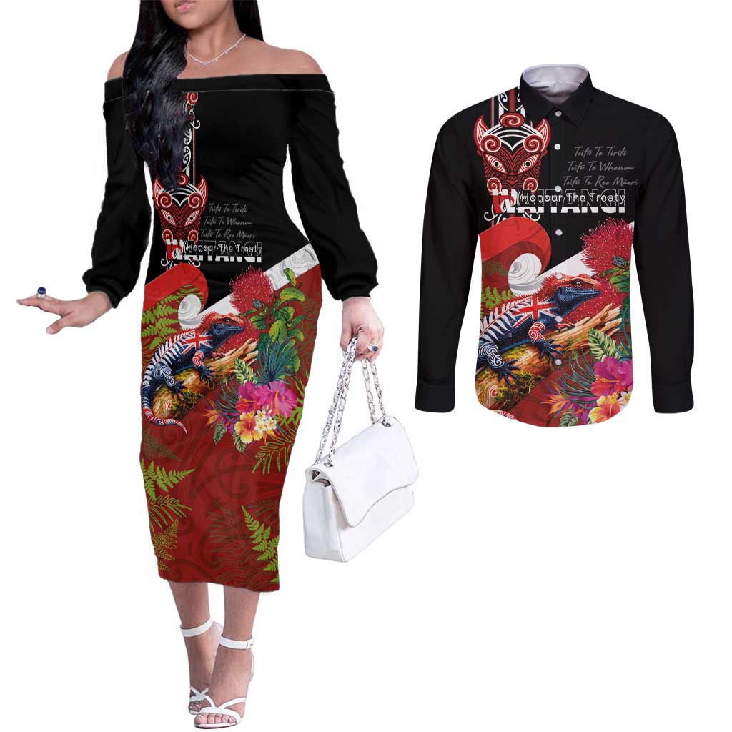 Aotearoa Toitu Te Tiriti Couples Matching Off The Shoulder Long Sleeve Dress and Long Sleeve Button Shirt Waitangi-Honour The Treaty NZ Tuatara and Plants LT03 Multicolor - Polynesian Pride