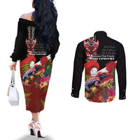 Aotearoa Toitu Te Tiriti Couples Matching Off The Shoulder Long Sleeve Dress and Long Sleeve Button Shirt Waitangi-Honour The Treaty NZ Tuatara and Plants LT03 - Polynesian Pride