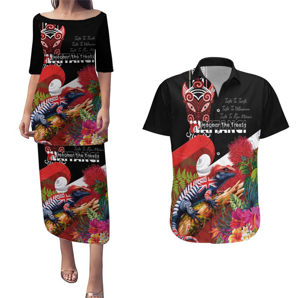 Aotearoa Toitu Te Tiriti Couples Matching Puletasi and Hawaiian Shirt Waitangi-Honour The Treaty NZ Tuatara and Plants LT03 Multicolor - Polynesian Pride