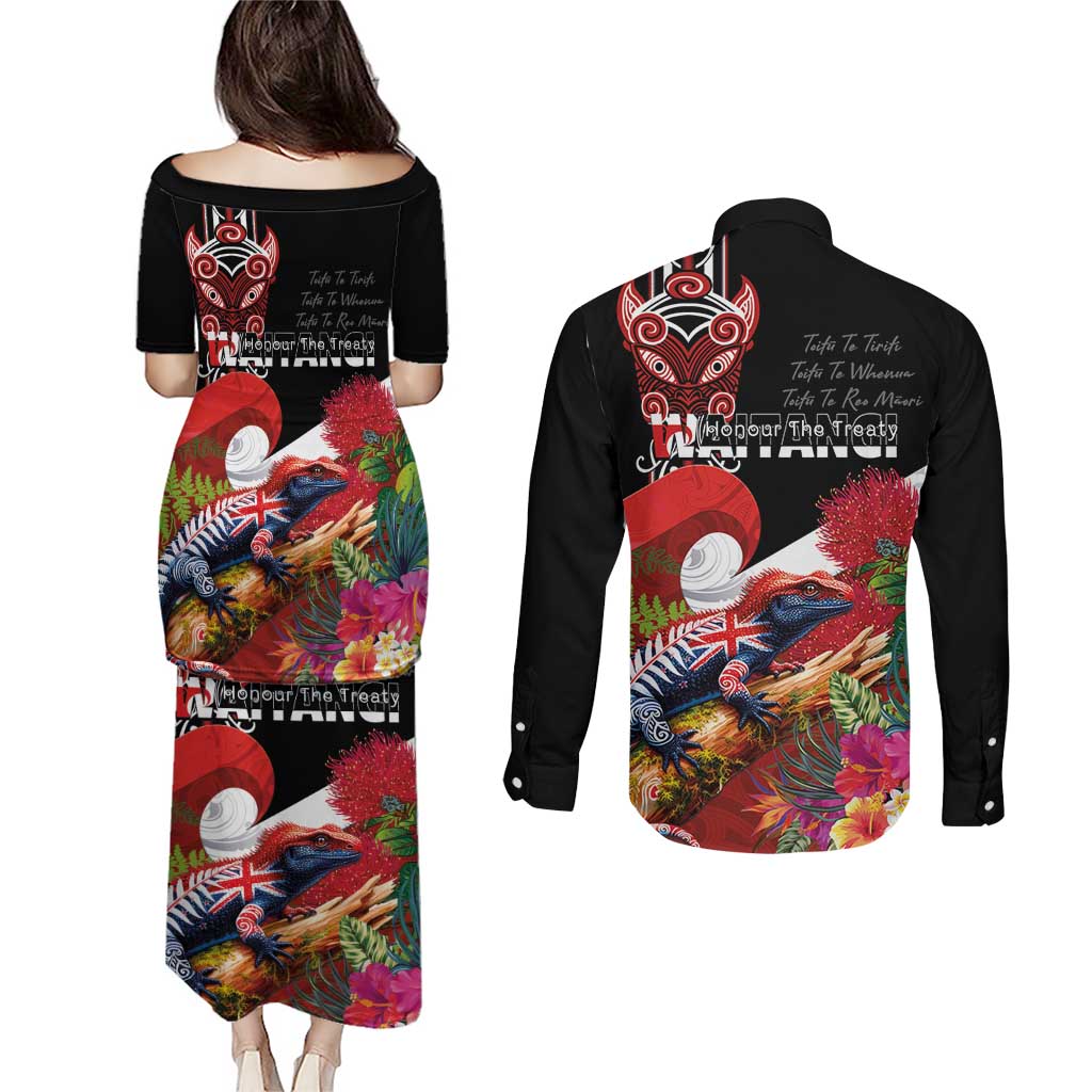 Aotearoa Toitu Te Tiriti Couples Matching Puletasi and Long Sleeve Button Shirt Waitangi-Honour The Treaty NZ Tuatara and Plants LT03 - Polynesian Pride