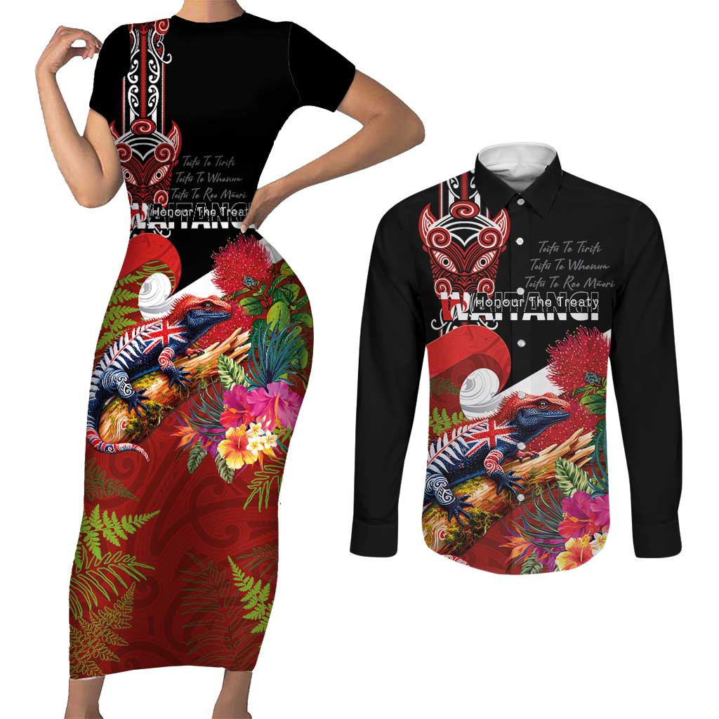 Aotearoa Toitu Te Tiriti Couples Matching Short Sleeve Bodycon Dress and Long Sleeve Button Shirt Waitangi-Honour The Treaty NZ Tuatara and Plants LT03 Multicolor - Polynesian Pride