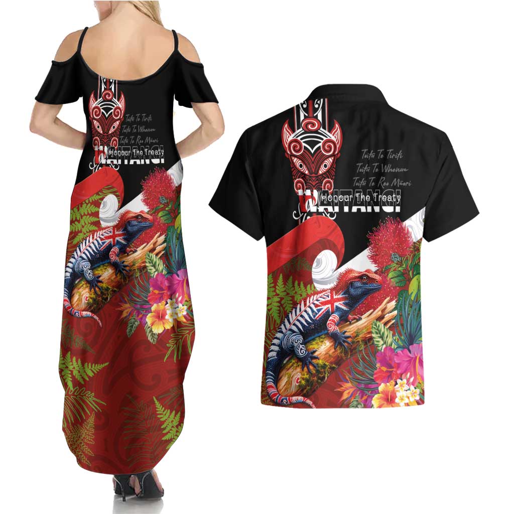 Aotearoa Toitu Te Tiriti Couples Matching Summer Maxi Dress and Hawaiian Shirt Waitangi-Honour The Treaty NZ Tuatara and Plants LT03 - Polynesian Pride