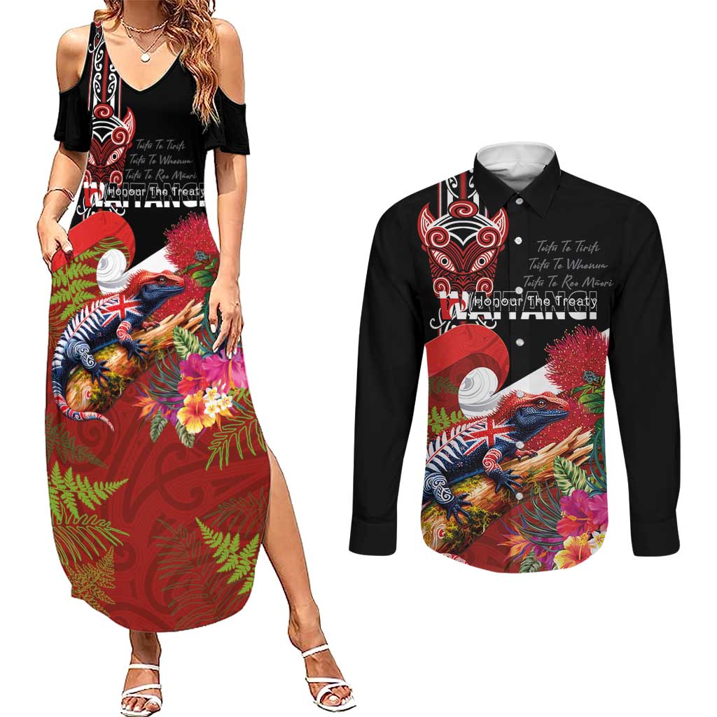 Aotearoa Toitu Te Tiriti Couples Matching Summer Maxi Dress and Long Sleeve Button Shirt Waitangi-Honour The Treaty NZ Tuatara and Plants