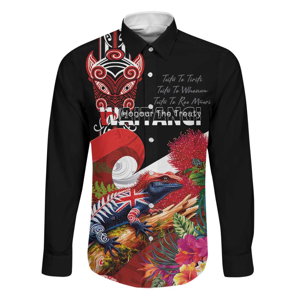 Aotearoa Toitu Te Tiriti Family Matching Long Sleeve Bodycon Dress and Hawaiian Shirt Waitangi-Honour The Treaty NZ Tuatara and Plants LT03 Dad's Shirt - Long Sleeve Multicolor - Polynesian Pride