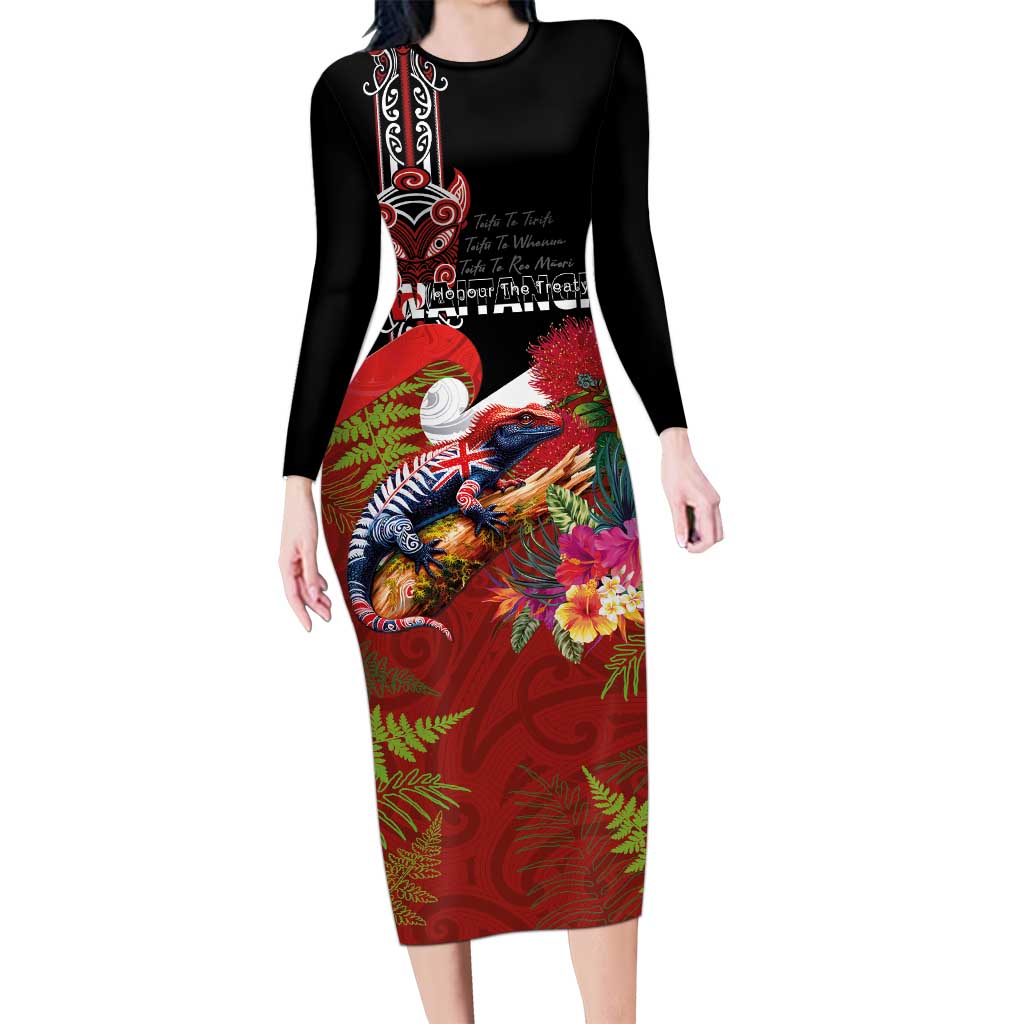 Aotearoa Toitu Te Tiriti Family Matching Long Sleeve Bodycon Dress and Hawaiian Shirt Waitangi-Honour The Treaty NZ Tuatara and Plants LT03 Mom's Dress Multicolor - Polynesian Pride