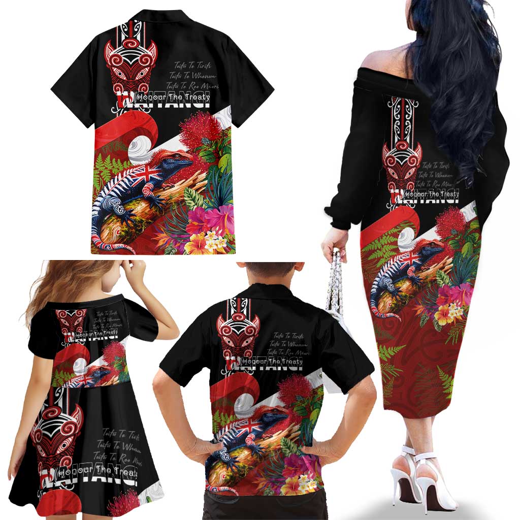 Aotearoa Toitu Te Tiriti Family Matching Off The Shoulder Long Sleeve Dress and Hawaiian Shirt Waitangi-Honour The Treaty NZ Tuatara and Plants LT03 - Polynesian Pride