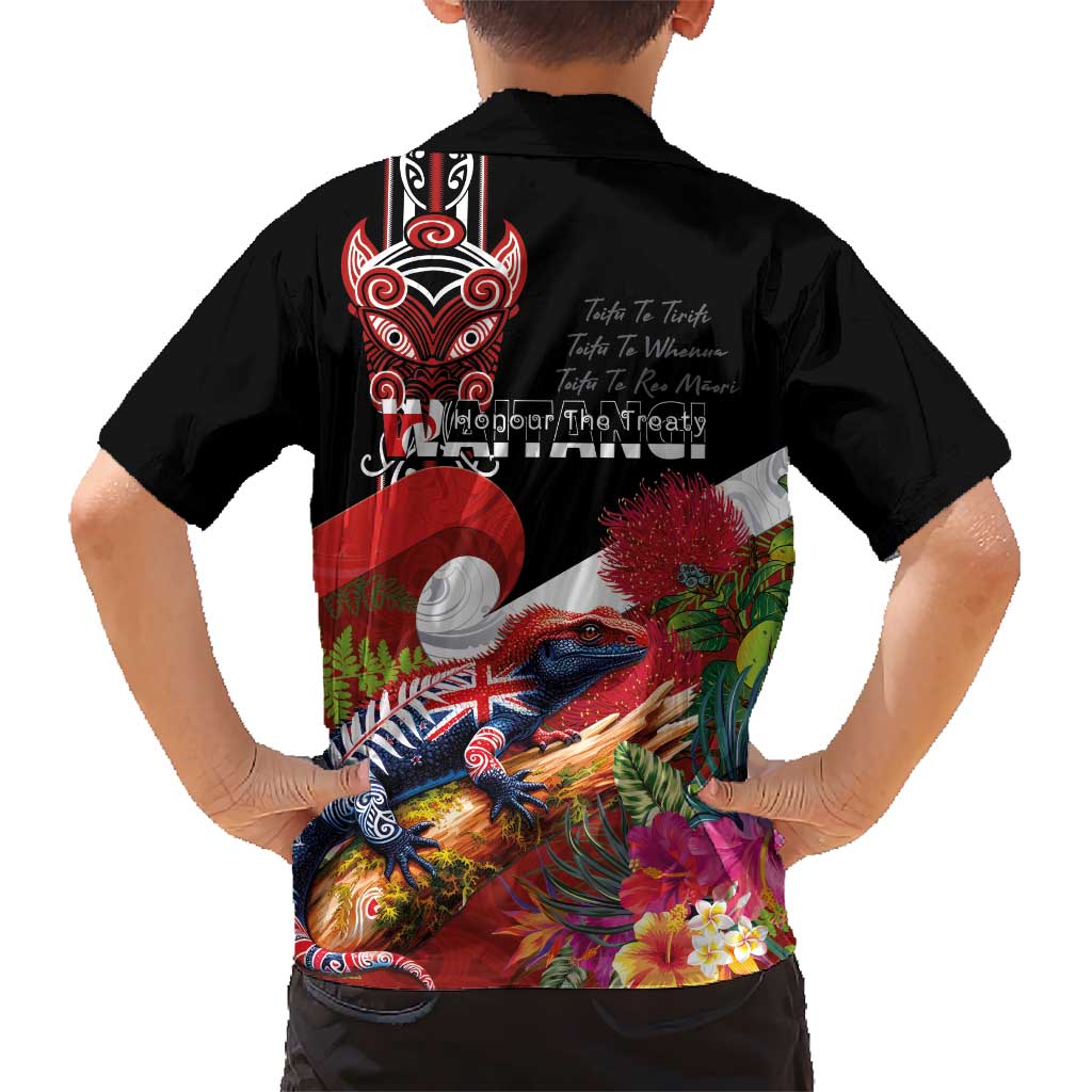 Aotearoa Toitu Te Tiriti Family Matching Off Shoulder Short Dress and Hawaiian Shirt Waitangi-Honour The Treaty NZ Tuatara and Plants LT03 - Polynesian Pride