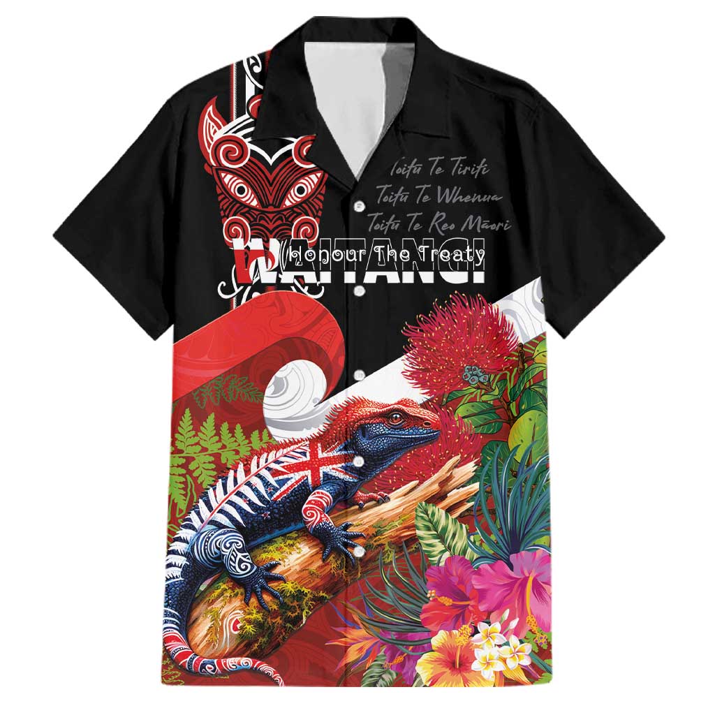 Aotearoa Toitu Te Tiriti Family Matching Off Shoulder Short Dress and Hawaiian Shirt Waitangi-Honour The Treaty NZ Tuatara and Plants LT03 Dad's Shirt - Short Sleeve Multicolor - Polynesian Pride