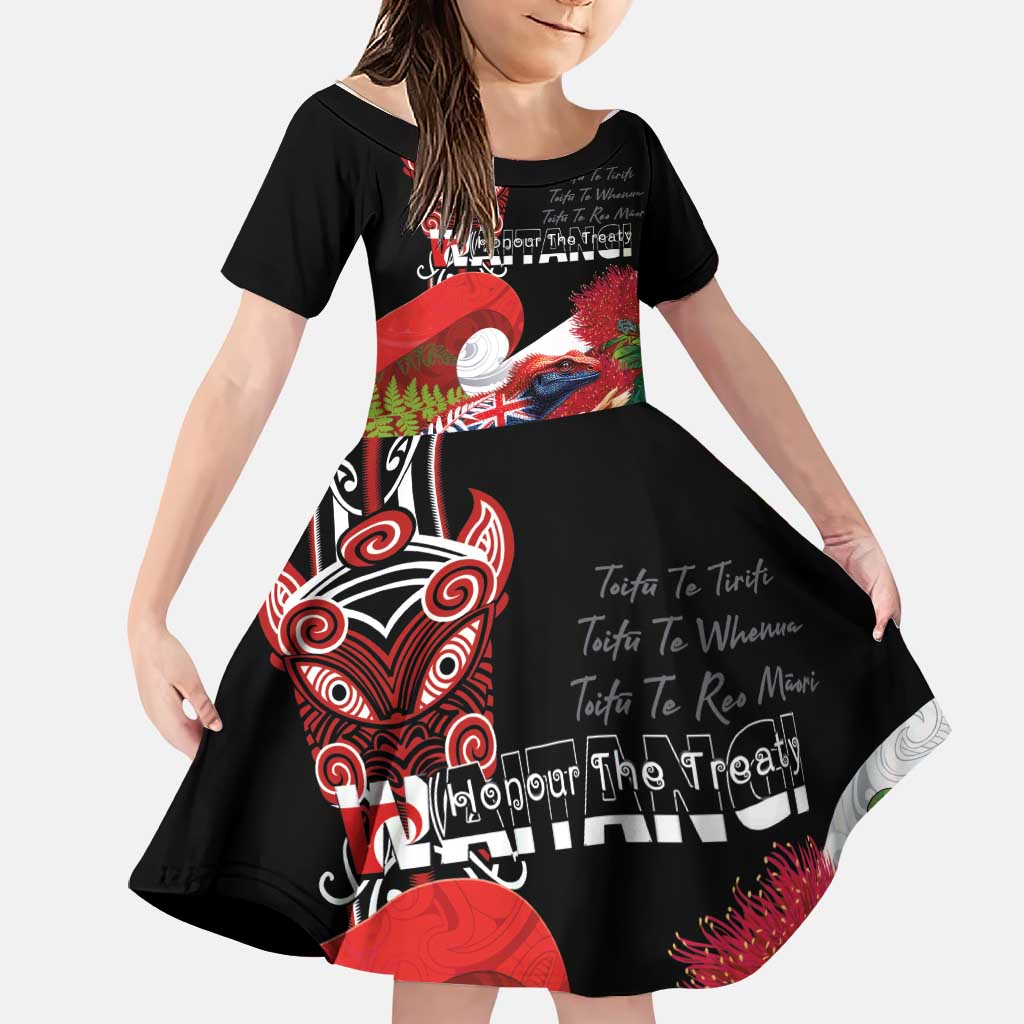 Aotearoa Toitu Te Tiriti Family Matching Short Sleeve Bodycon Dress and Hawaiian Shirt Waitangi-Honour The Treaty NZ Tuatara and Plants LT03 Daughter's Dress Multicolor - Polynesian Pride