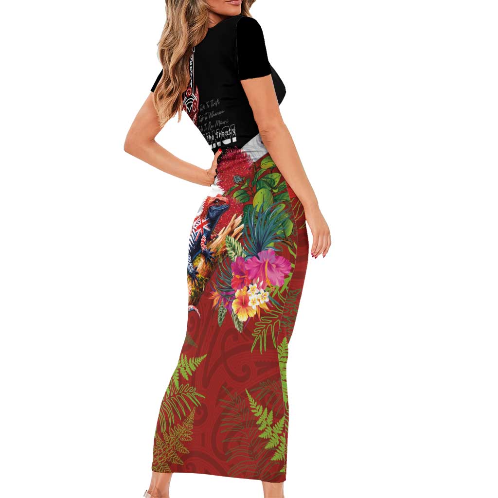 Aotearoa Toitu Te Tiriti Family Matching Short Sleeve Bodycon Dress and Hawaiian Shirt Waitangi-Honour The Treaty NZ Tuatara and Plants LT03 - Polynesian Pride