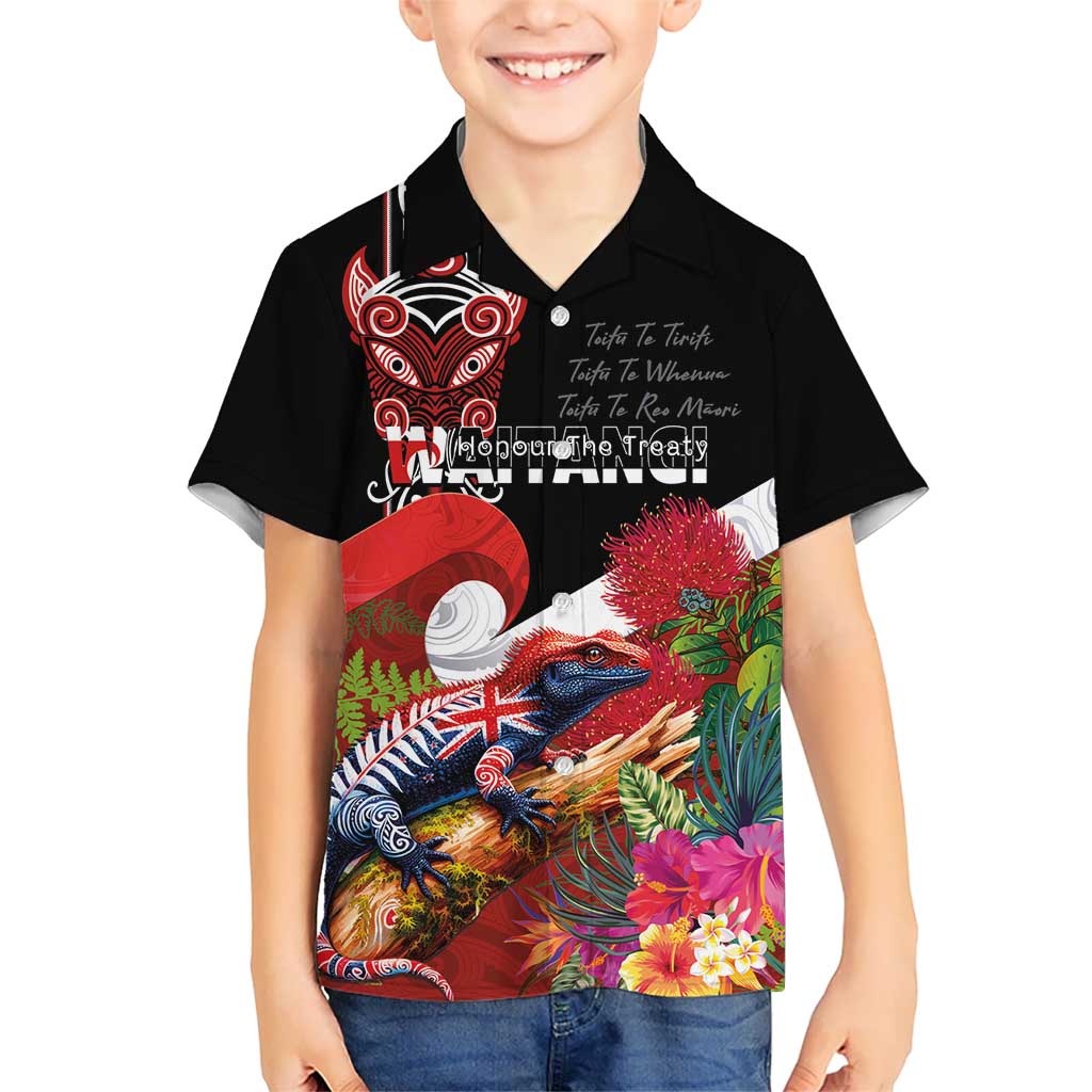 Aotearoa Toitu Te Tiriti Family Matching Short Sleeve Bodycon Dress and Hawaiian Shirt Waitangi-Honour The Treaty NZ Tuatara and Plants LT03 Son's Shirt Multicolor - Polynesian Pride