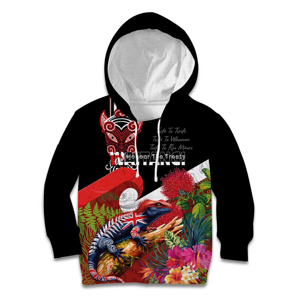 Aotearoa Toitu Te Tiriti Kid Hoodie Waitangi-Honour The Treaty NZ Tuatara and Plants