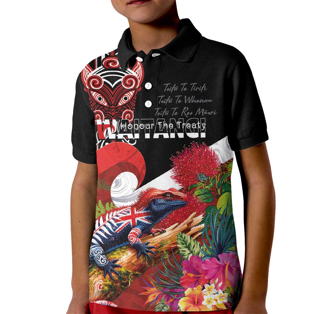 Aotearoa Toitu Te Tiriti Kid Polo Shirt Waitangi-Honour The Treaty NZ Tuatara and Plants