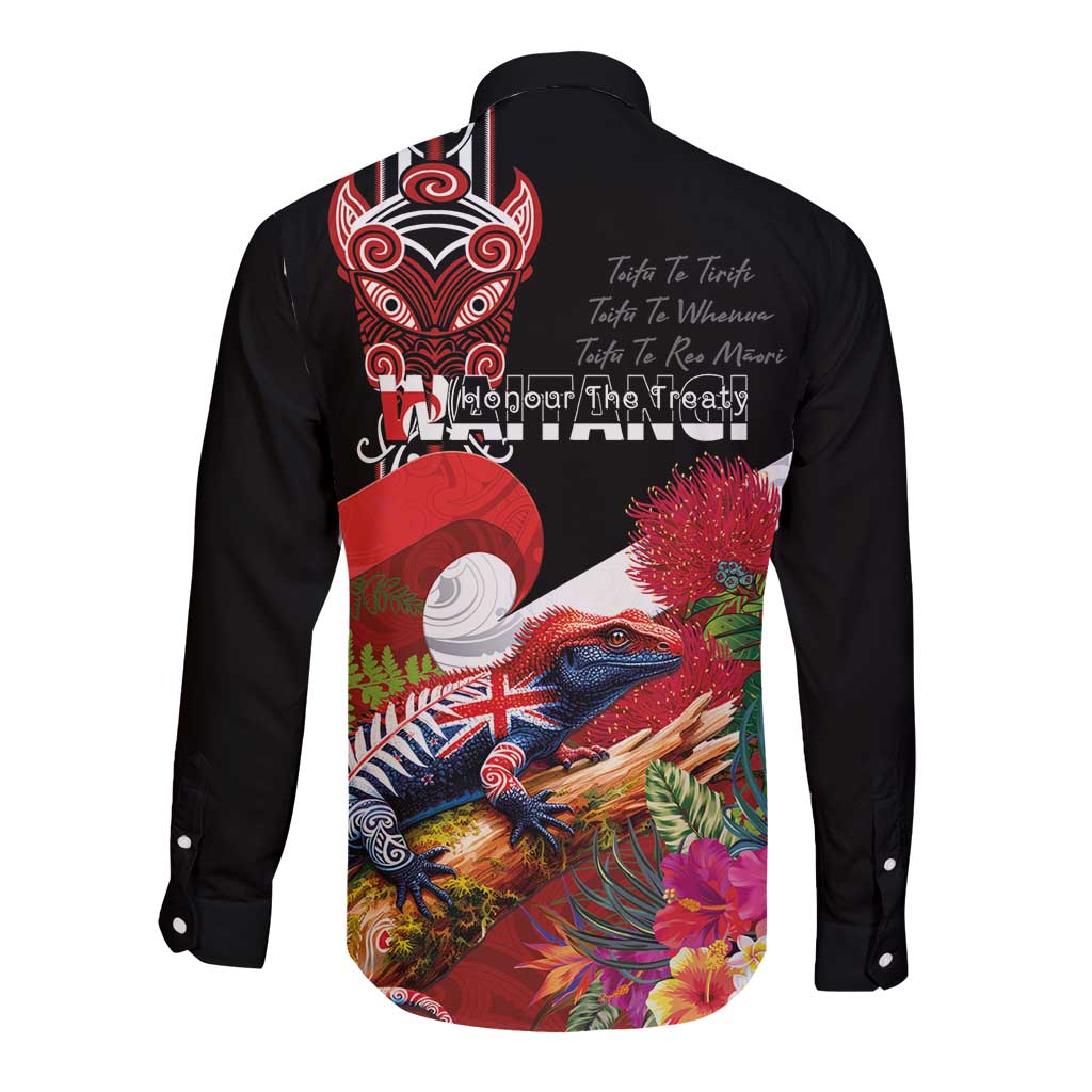 Aotearoa Toitu Te Tiriti Long Sleeve Button Shirt Waitangi-Honour The Treaty NZ Tuatara and Plants