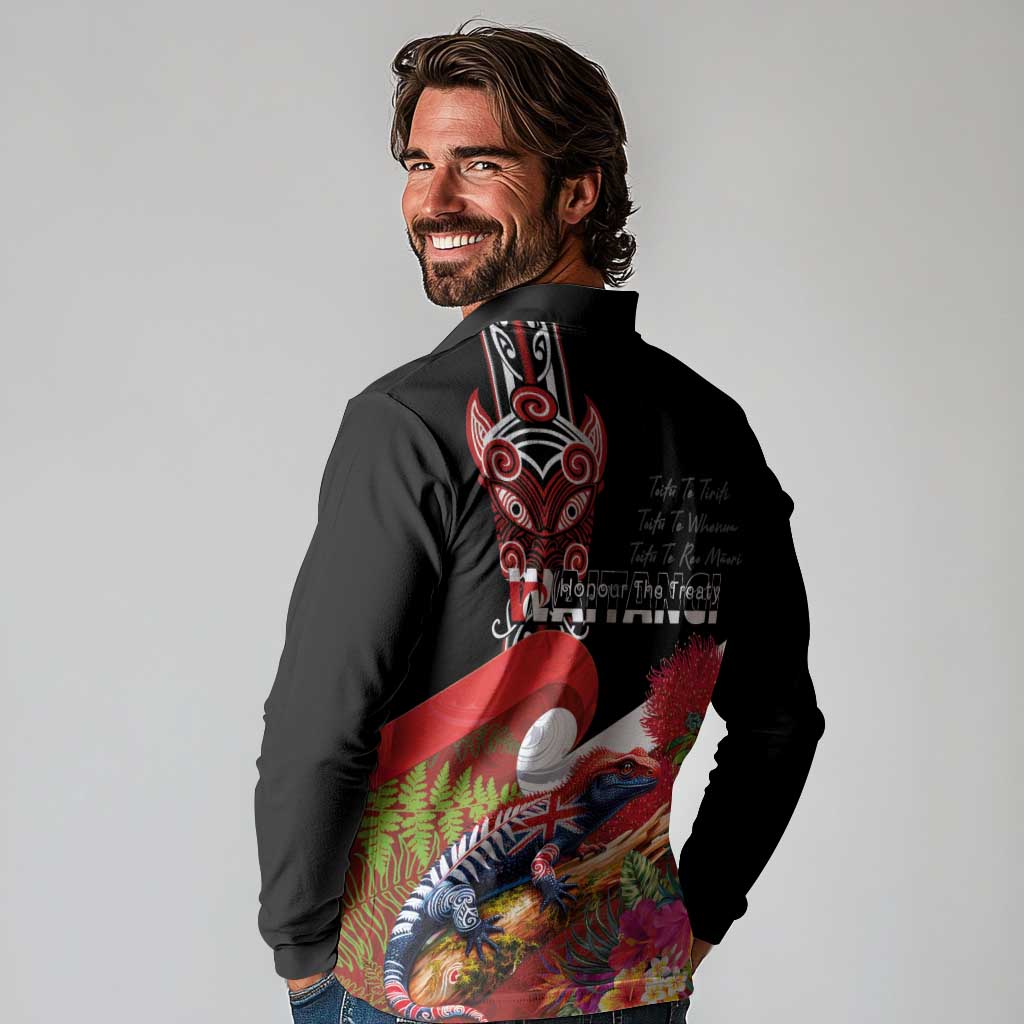 Aotearoa Toitu Te Tiriti Long Sleeve Polo Shirt Waitangi-Honour The Treaty NZ Tuatara and Plants LT03 - Polynesian Pride