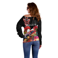 Aotearoa Toitu Te Tiriti Off Shoulder Sweater Waitangi-Honour The Treaty NZ Tuatara and Plants