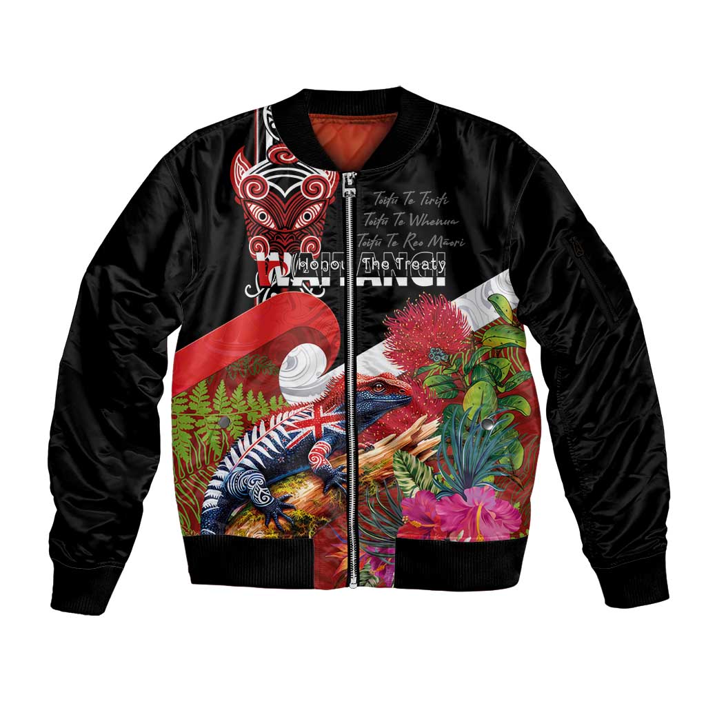 Aotearoa Toitu Te Tiriti Sleeve Zip Bomber Jacket Waitangi-Honour The Treaty NZ Tuatara and Plants