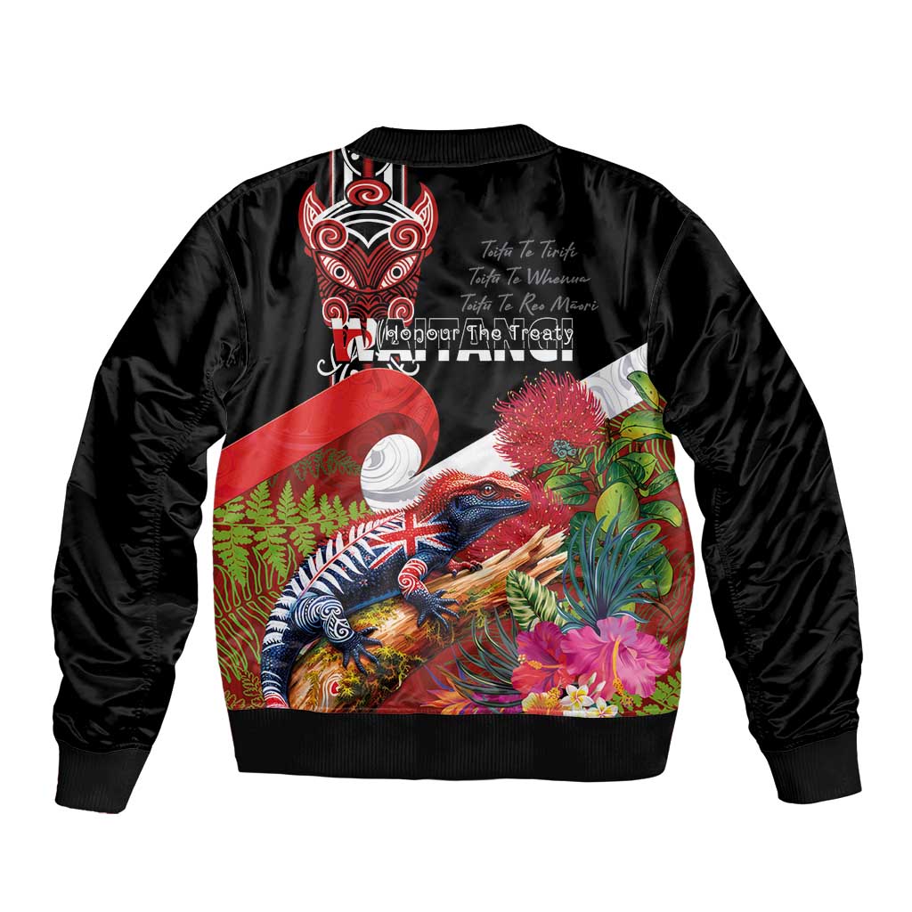 Aotearoa Toitu Te Tiriti Sleeve Zip Bomber Jacket Waitangi-Honour The Treaty NZ Tuatara and Plants