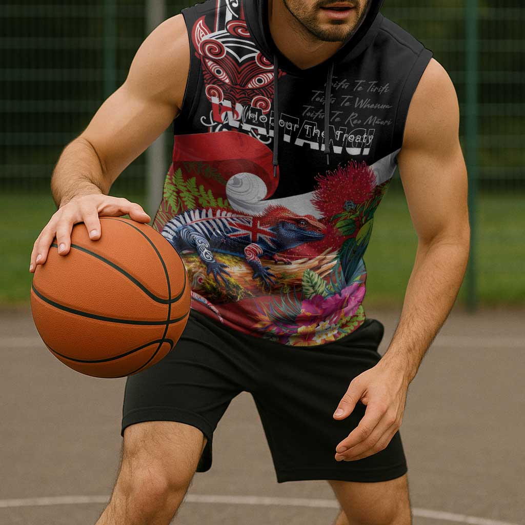 Aotearoa Toitu Te Tiriti Sleeveless Hoodie Waitangi-Honour The Treaty NZ Tuatara and Plants LT03 - Polynesian Pride