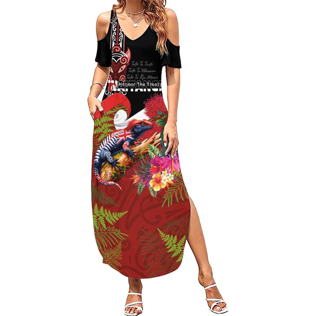 Aotearoa Toitu Te Tiriti Summer Maxi Dress Waitangi-Honour The Treaty NZ Tuatara and Plants