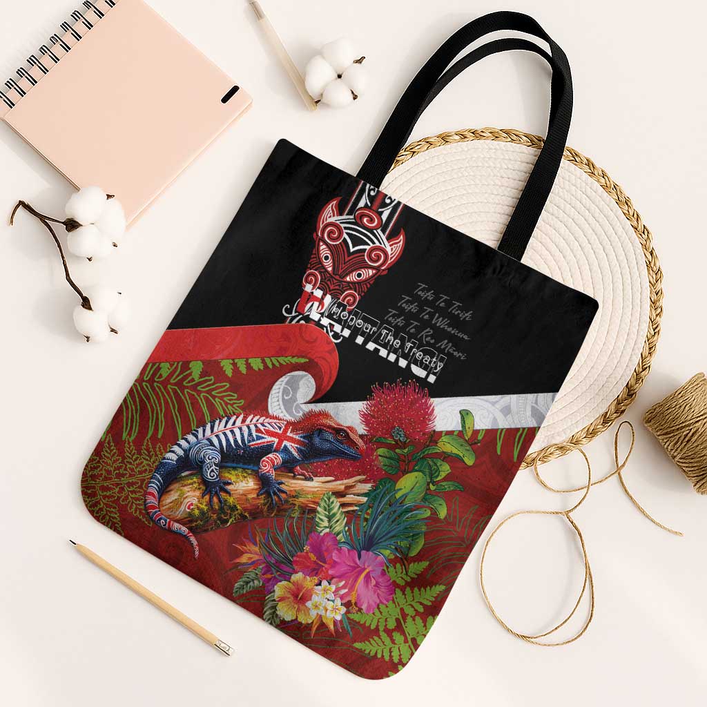 Aotearoa Toitu Te Tiriti Tote Bag Waitangi-Honour The Treaty NZ Tuatara and Plants LT03 Black Strap One Size Multicolor - Polynesian Pride